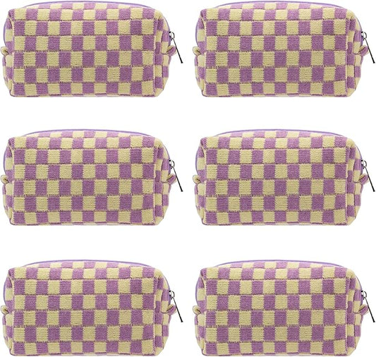 PAZIMIIK Checkered Makeup Bag for Purse Portable Zipper Make Up Pouch Small Cosmetic Case for Travel Accessories (6PCS Purple)