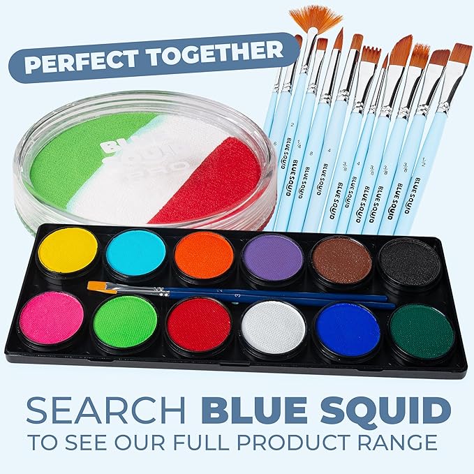 Blue Squid Face Paint Water Based Single Cake Professional Face & Body Paint - Water Activated, Kids Adults Face Painting for Costume, Halloween Makeup, Cosplay - Green, White, Red Face Paint 30g