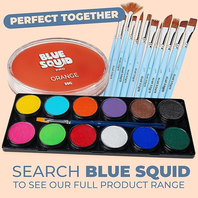 Blue Squid Face Paint Water Based Single Cake Professional Face Paint & Body Paint - Water Activated, Kids Adults Face Painting for Costume, Halloween Makeup, Cosplay - Classic Orange Face Paint 30g