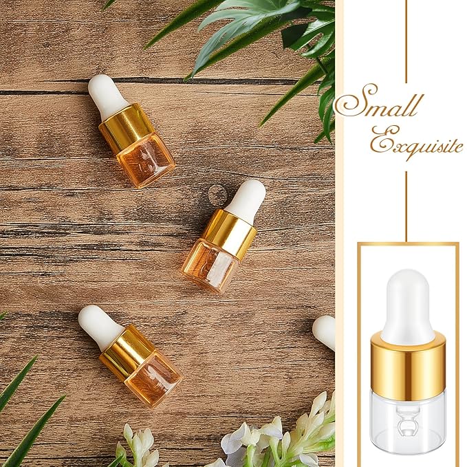 100 Pcs Mini Glass Oil Dropper Bottle Bulk, Clear Essential Small Empty Bottles Sample Containers Perfume Liquid Vials with Cap for Traveling (1 ml,Gold)