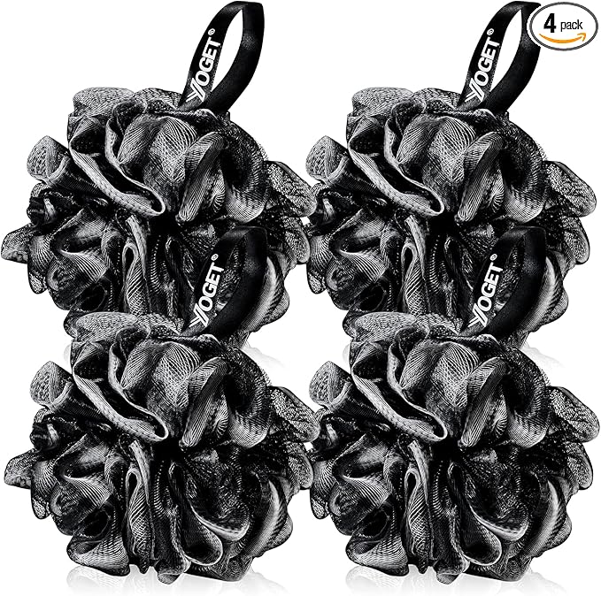 Yoget Bath Loofah Sponge, 4 Pack Black 60G Shower Mesh Ball Soft Pouf Body Scrubber, Exfoliate, Cleanse, Soothe Skin, Black Loofah with White Trim