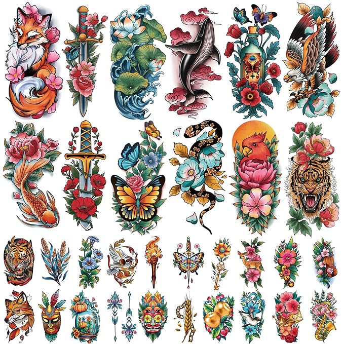 77 Sheets Temporary Tattoos Adult Kids Old School Skull Tiger Sword Cat Eagle Snake Lotus Flower Butterfly Half Arm Realistic Fake Tattoos Sticker for Women Men