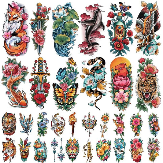 77 Sheets Temporary Tattoos Adult Kids Old School Skull Tiger Sword Cat Eagle Snake Lotus Flower Butterfly Half Arm Realistic Fake Tattoos Sticker for Women Men