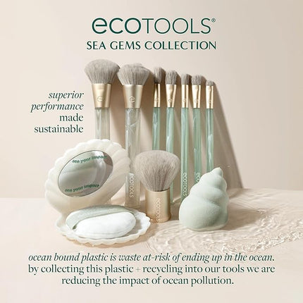 EcoTools Sea Gems Face Makeup Brush & Sponge 4 Piece Set, Eco-Friendly Makeup Brushes & Makeup Sponge, For Foundation, Blush, Contour, & Setting Powder, Recycled Plastic, Cruelty-Free Tools