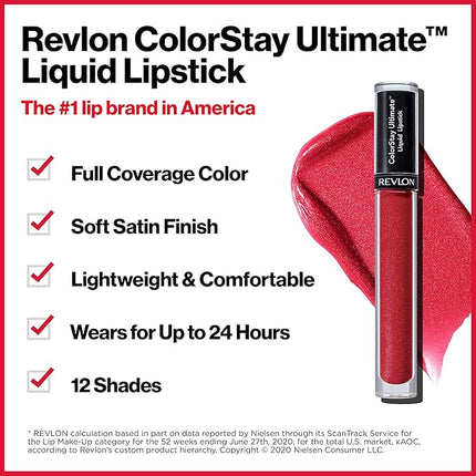 Revlon ColorStay Ultimate Liquid Lipstick, Longwear Rich Lip Colors, Wears for Up to 24 Hours, Satin Finish, 050 Top Tomato, 0.1 fl oz