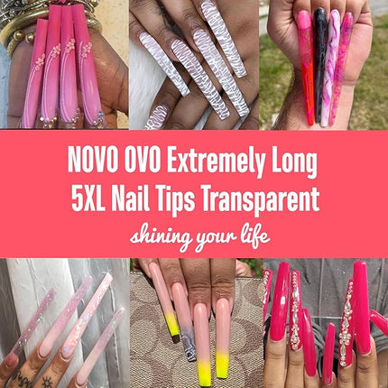 NOVO OVO Extra Super Extreme Long Straight Tapered Square Nail Tips, 5XL XXXXXL Clear Full Cover French Tips False Fake Nail Extension, Coffin Nails for Professional Acrylic, 120 pcs 12 Sizes