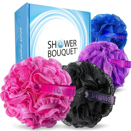 Loofah-Bath-Sponge Hot-Lacey-Mesh // 4-Sexy-Lace-Colors by Shower Bouquet / 2-Scrubs-in-1 Large Full 60g Pouf Body Luffa Loofa Loufa Puff - Exfoliate, Cleanse Skin with Luxurious Bathing Accessories