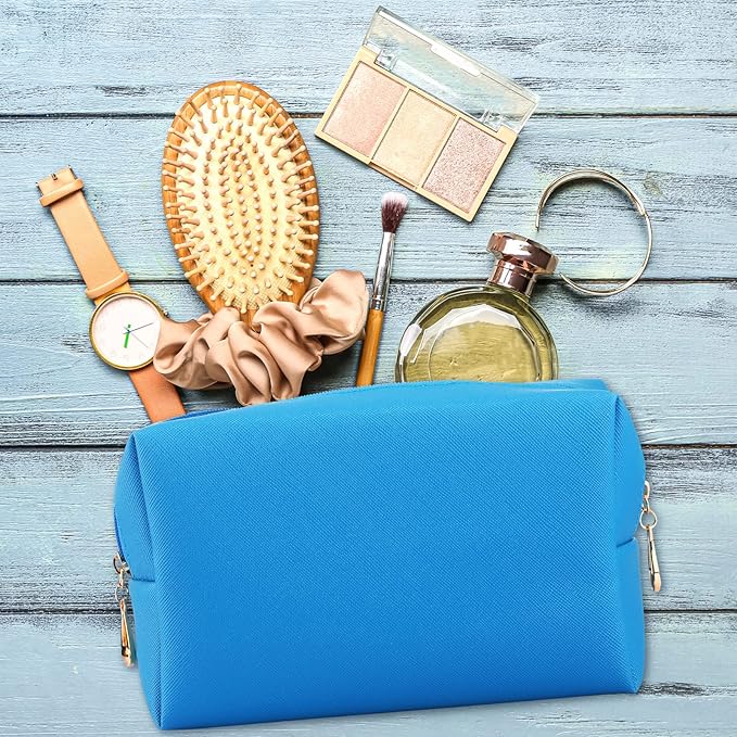 Sanwuta 9 Pcs Makeup Bags Bulk PU Double Zippers Cosmetic Bag Makeup Toiletry Pouch Portable Travel Organizers Case for Women Bachelorette Party End of The Year Bridesmaid Gift(Blue)