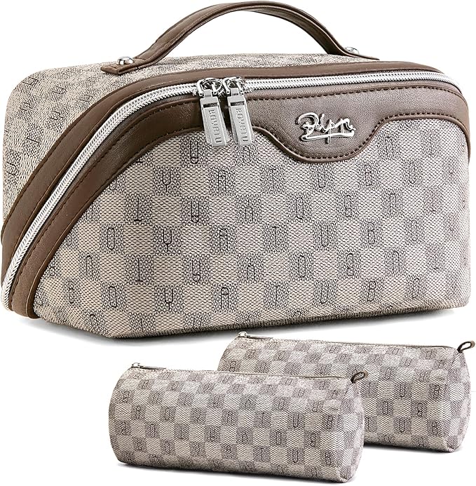 BOYATU Travel Makeup Bag Cosmetic Bags for Women: Large Make up Bags Set of 3 - Portable Makeup Organizer with Compartments&Handle&Divider - Waterproof PU Leather Toiletry Bag(02-Light Brown)