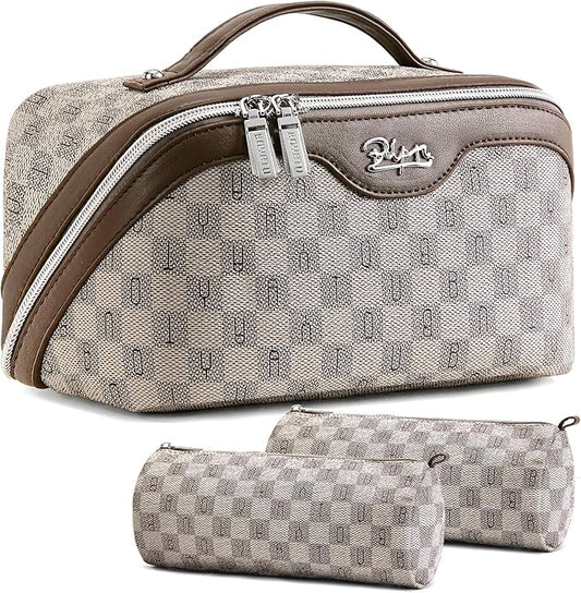 BOYATU Travel Makeup Bag Cosmetic Bags for Women: Large Make up Bags Set of 3 - Portable Makeup Organizer with Compartments&Handle&Divider - Waterproof PU Leather Toiletry Bag(02-Light Brown)