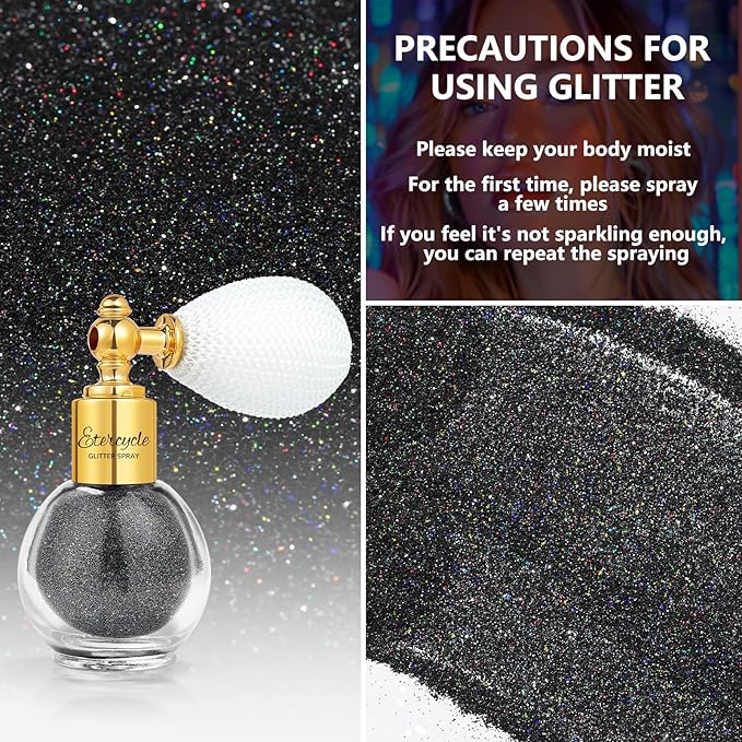 Etercycle Black Body Glitter, Hair Glitter Spray Fine Face Shimmer Powder, Longwear and Quick Drying Body Glitter Sparkly Glitter Gifts for Rave Clothes Nail Art Easter Christmas Halloween Crafts