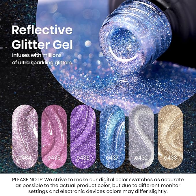 Beetles Reflective Glitter Halloween Gel Nail Polish Kit 6 Colors Holographic Gel Polish Sparkle Flash Dimond Sliver Gold Soak Off UV LED Manicure Gift for Women Girls Midnight Sparkling