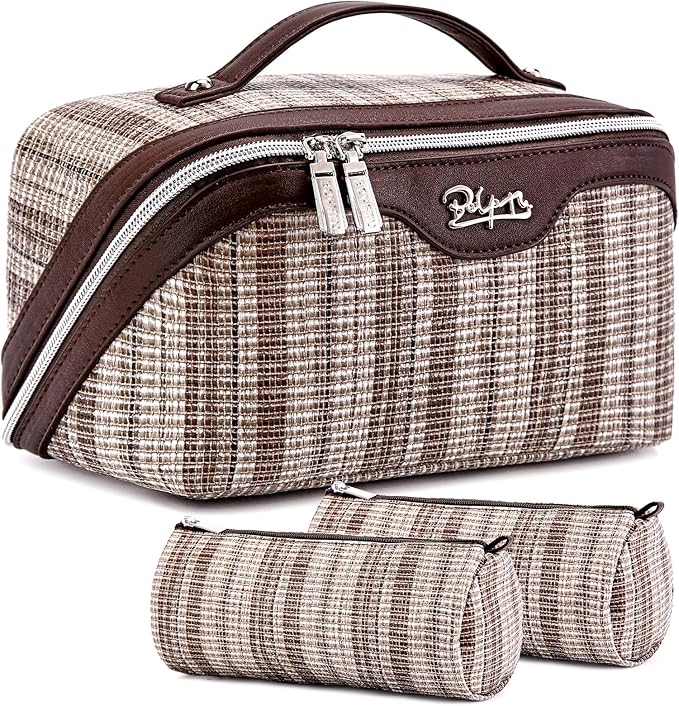 Travel Makeup Bag for Women: Large Capacity Open Flat Make up Bag Set of 3 - Vegan Leather Cosmetic Bag with Compartments - Waterproof Toiletry Bag with Handle & Divider(Brown)