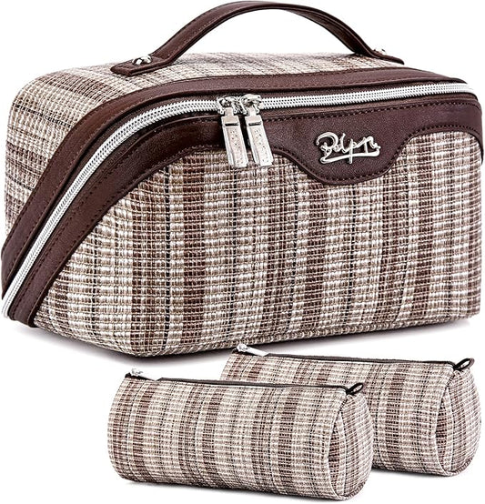 Travel Makeup Bag for Women: Large Capacity Open Flat Make up Bag Set of 3 - Vegan Leather Cosmetic Bag with Compartments - Waterproof Toiletry Bag with Handle & Divider(Brown)