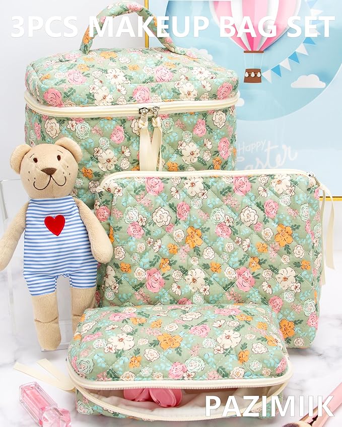 PAZIMIIK 3PCS Makeup Bag SET Large Travel Quilted Zipper Soft Cosmetic Case Pouch for Women Girls Make Up,Green Flower