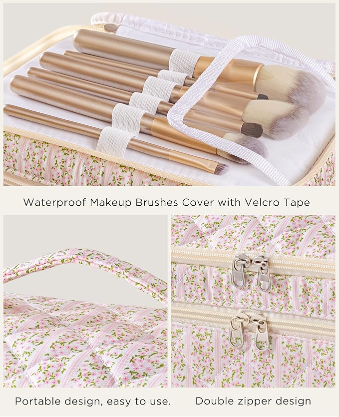 HBselect 2Pcs Travel Makeup Bag, Large Cotton Quilted Makeup Bag Cosmetic Bag Cute Make up Bag Toiletry Bags for Women Girls