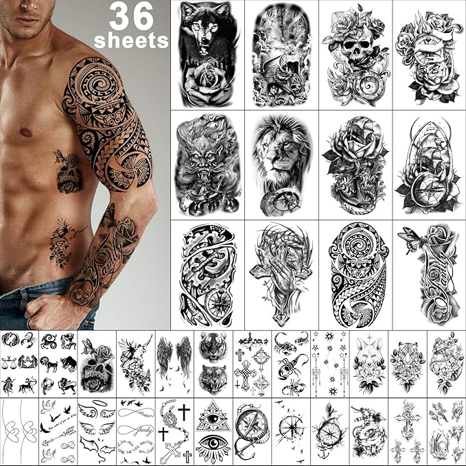 Yazhiji 36 Sheets Temporary Tattoos Stickers, 12 Sheets Fake Body Arm Chest Shoulder Tattoos for Men or Women with 24 Sheets Tiny Black Tattoos