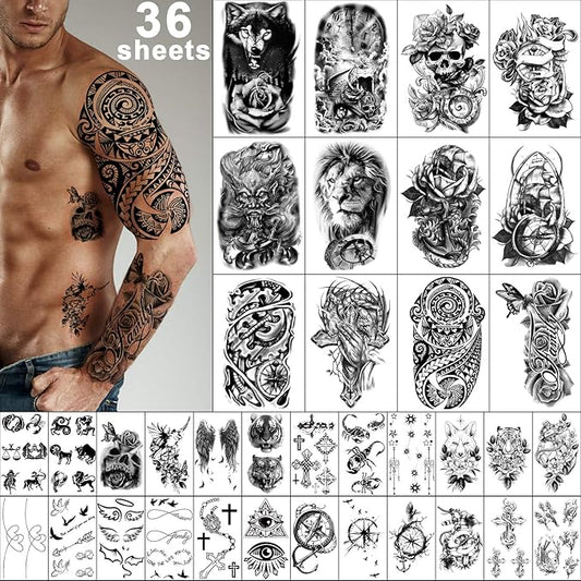 Yazhiji 36 Sheets Temporary Tattoos Stickers, 12 Sheets Fake Body Arm Chest Shoulder Tattoos for Men or Women with 24 Sheets Tiny Black Tattoos