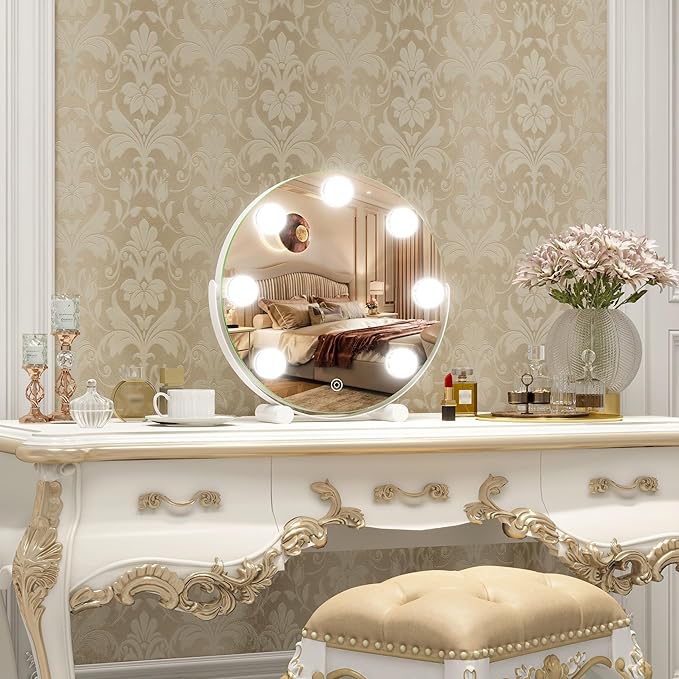 Vanity Mirror with Lights, 12 Inch Hollywood Mirror with Lights for Makeup Desk, LED Makeup Mirror with 7 Dimmable Bulbs for Bedroom Tabletop, Smart Touch Dimmable 3 Modes, 360° Rotation