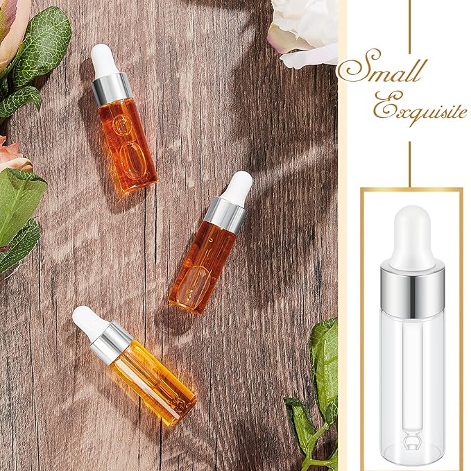 200 Pcs Mini Glass Oil Dropper Bottle Bulk, Clear Essential Small Empty Bottles Sample Containers Perfume Liquid Vials with Cap for Traveling (5 ml,Silver)