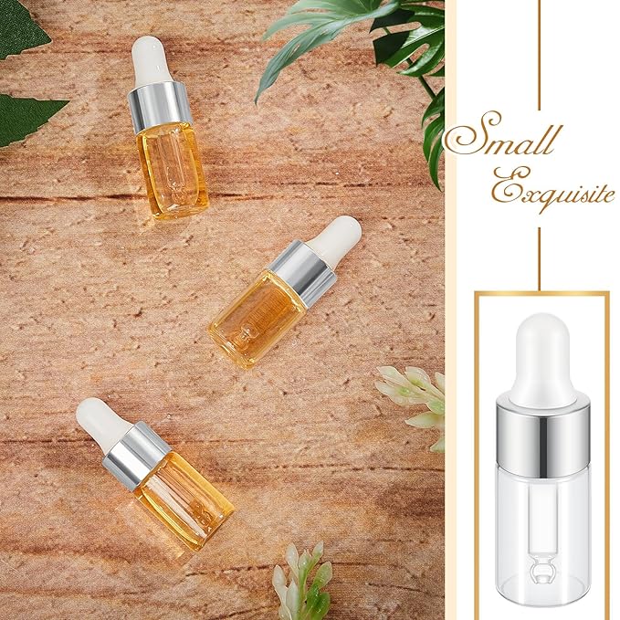 200 Pcs Mini Glass Oil Dropper Bottle Bulk, Clear Essential Small Empty Bottles Sample Containers Perfume Liquid Vials with Cap for Traveling (3 ml,Silver)