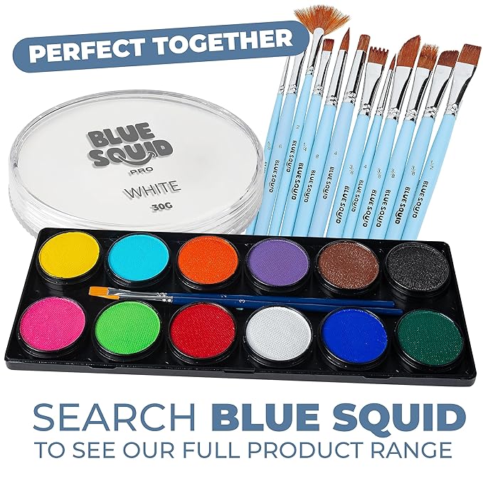 Blue Squid Face Paint Water Based Single Cake Professional Face Paint & Body Paint - Water Activated, Kids Adults Face Painting for Costume, Halloween Makeup, Cosplay - Classic White Face Paint 30g