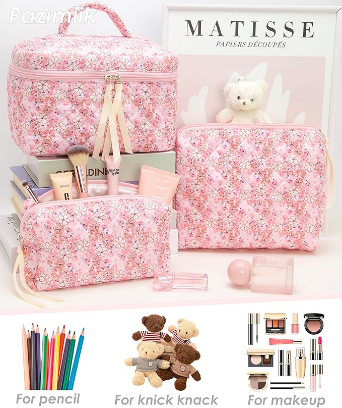 PAZIMIIK 3PCS Makeup Bag SET Large Travel Quilted Zipper Soft Cosmetic Case Pouch for Women Girls Make Up,Pink Flower