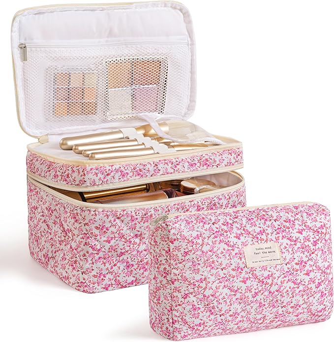 HBselect 2Pcs Travel Makeup Bag, Large Cotton Quilted Makeup Bag Cosmetic Bag Cute Make up Bag Toiletry Bags for Women Girls
