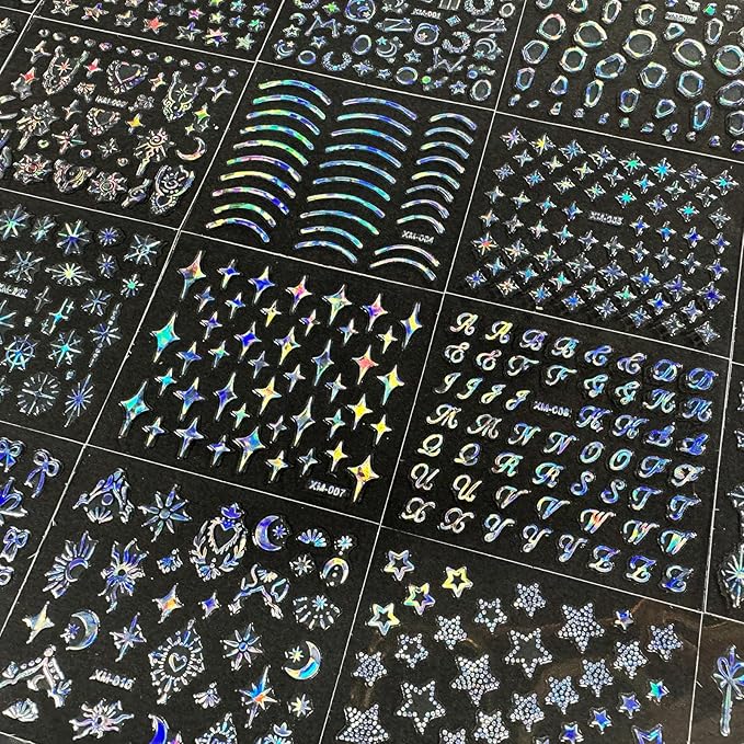 30 Sheets Star Nail Art Stickers Aurora Star Line 3D Self Adhesive Nail Stickers for Nail Art Moon Stars Nail Decals Heart Nail Supplies for Women and Girls Manicure DIY Decoration