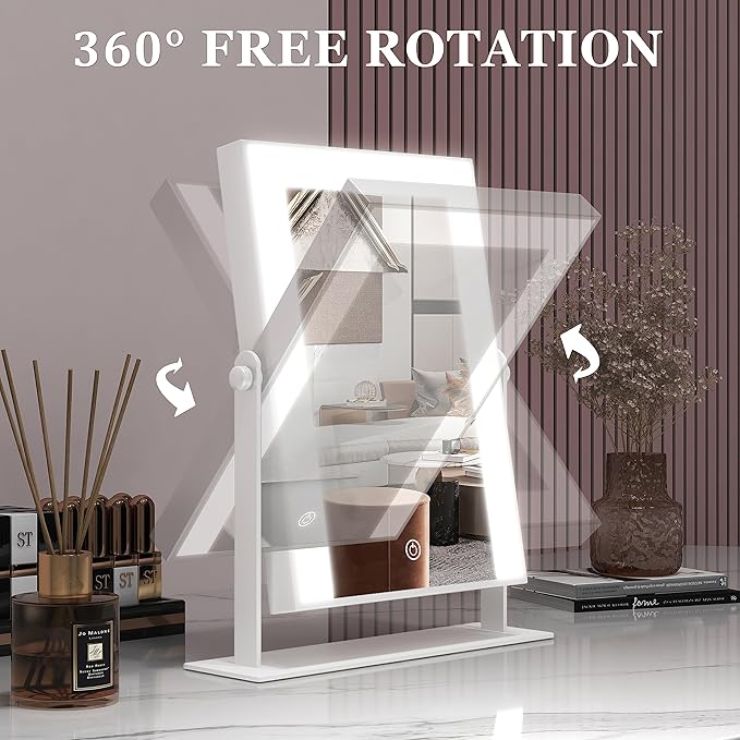 9"x11" Small Vanity Mirror with Lights, Lighted Makeup Mirror with Light, Portable Tabletop Cosmetic Make Up Mirror, Smart Touch Control, Dual Power Supply, 360°Rotation