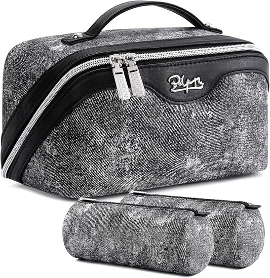 Travel Makeup Bag Cosmetic Bags for Women: 3 Sets Large Capacity Make up Bag - Portable Toiletry Bags with Handle for Women(05-Black)