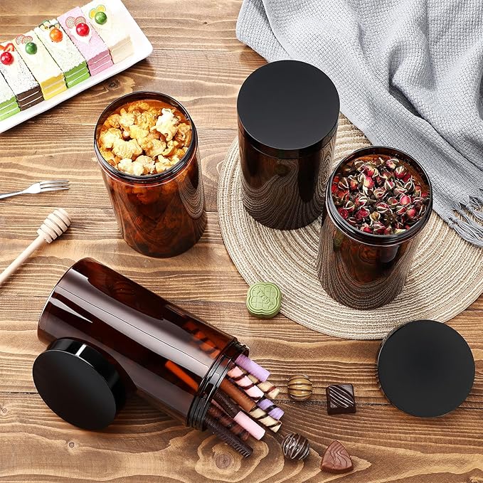 Patelai 4 Pieces Round Wide-mouth Leak Proof Plastic Container Jars with Lids for Travel Storage Makeup Beauty Products Face Creams Oils Salves Ointments DIY Making(32 Ounce,Amber)