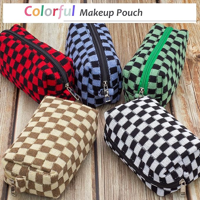 PAZIMIIK Checkered Makeup Bag for Purse Portable Zipper Make Up Pouch Small Cosmetic Case for Travel Accessories (2PCS Black Coffee)