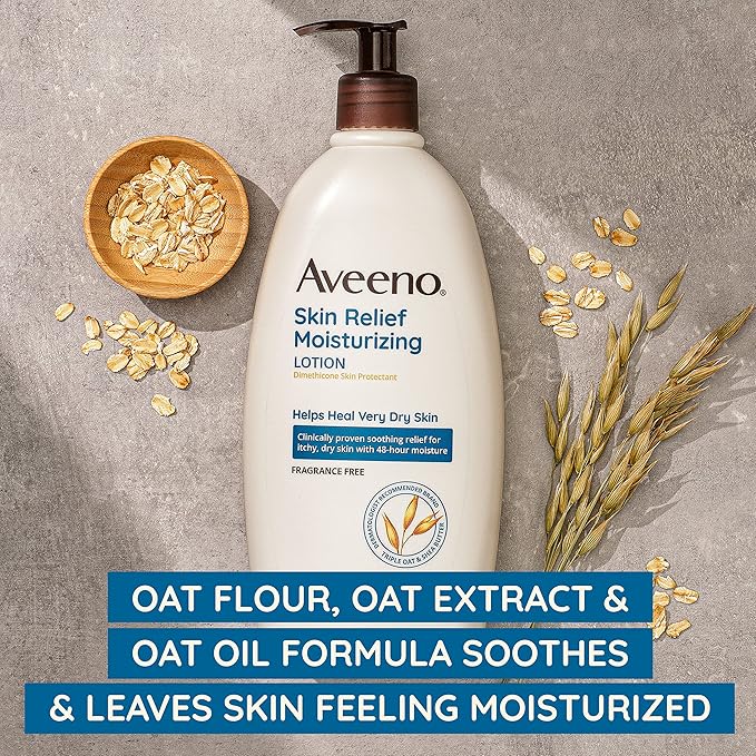 Aveeno Skin Relief Moisturizing Lotion Heals Very Dry, Sensitive Skin, Fast-Absorbing Body Lotion with Soothing Triple Oat & Shea Butter Formula, Fragrance Free, Non-Comedogenic, 18 fl. oz