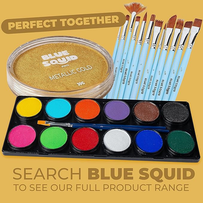 Blue Squid Face Paint Water Based Single Cake Professional Face Paint & Body Paint - Water Activated, Kids Adults Face Painting for Costume, Halloween Makeup, Cosplay - Metallic Gold Face Paint 30g