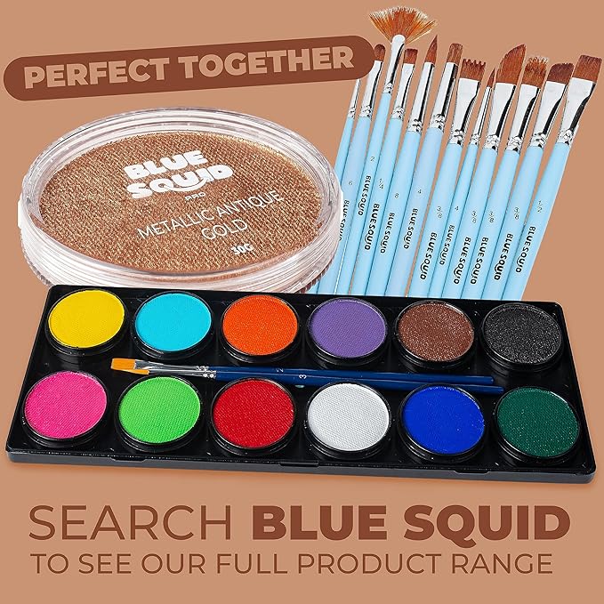 Blue Squid Face Paint Water Based Single Cake Professional Face Paint & Body Paint - Water Activated, Kids Adults Face Painting for Costume, Halloween Makeup - Metallic Antique Gold Face Paint 30g