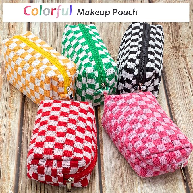 PAZIMIIK Checkered Makeup Bag for Purse Portable Zipper Make Up Pouch Small Cosmetic Case for Travel Accessories (Red)