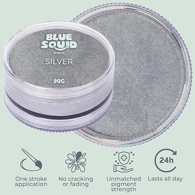 Blue Squid PRO Face Paint - Professional Water Based Single Cake Facepaint & Body Paints - SFX Makeup, Kids Adults Face Painting for Costume, Halloween, Cosplay - Metallic Silver 90g / 3oz