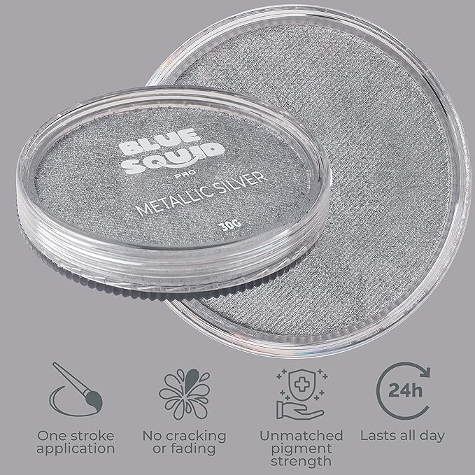 Blue Squid Face Paint Water Based Single Cake Professional Face Paint & Body Paint - Water Activated, Kids Adults Face Painting for Costume, Halloween Makeup, Cosplay - Metallic Silver Face Paint 30g