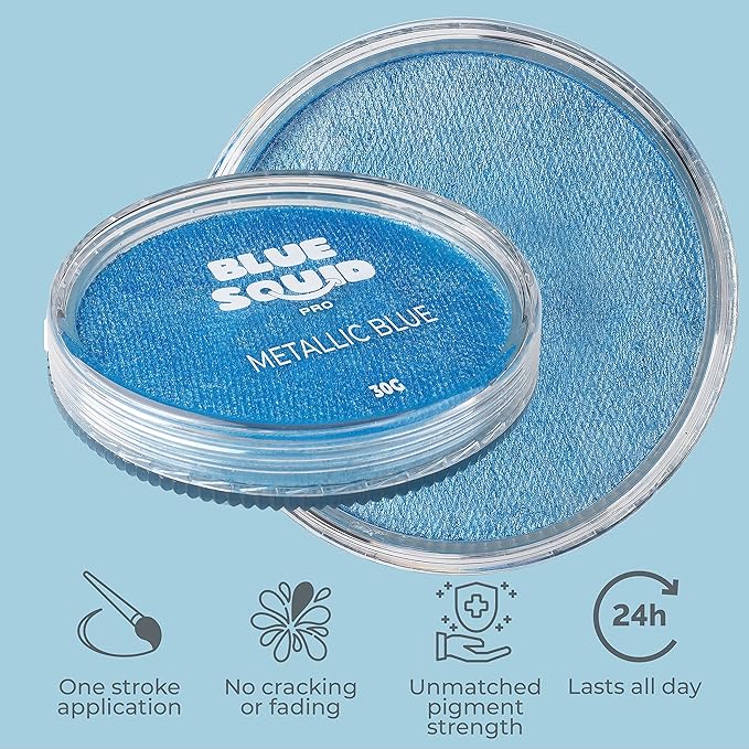 Blue Squid Face Paint Water Based Single Cake Professional Face Paint & Body Paint - Water Activated, Kids Adults Face Painting for Costume, Halloween Makeup, Cosplay - Metallic Blue Face Paint 30g