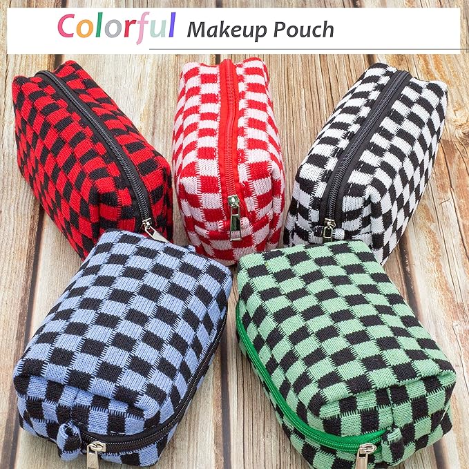 PAZIMIIK Checkered Makeup Bag for Purse Portable Zipper Make Up Pouch Small Cosmetic Case for Travel Accessories (2PCS Green Blue)