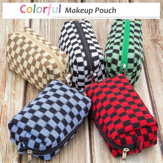 PAZIMIIK Checkered Makeup Bag for Purse Portable Zipper Make Up Pouch Small Cosmetic Case for Travel Accessories (Blue Black)
