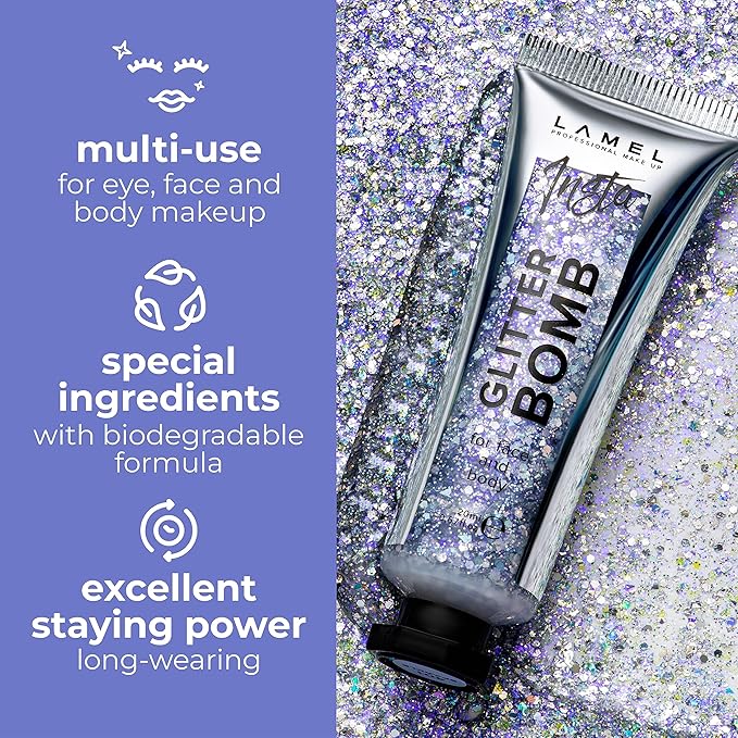 Insta Glitter Bomb: Quick-Dry Holographic Face & Body Glitter Gel | Long-Lasting Shine & Effortless Removal | Perfect Face Glitter Makeup & Body, Hair Shimmer | Vegan & Cruelty Free -0.67 fl.oz