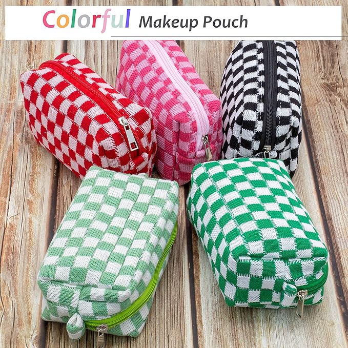 PAZIMIIK Checkered Makeup Bag for Purse Portable Zipper Make Up Pouch Small Cosmetic Case for Travel Accessories (Light Green)