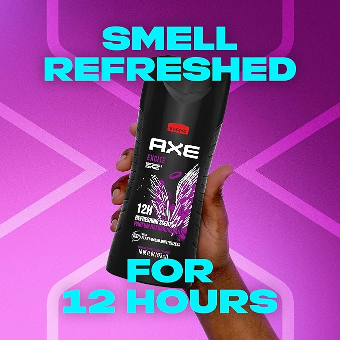 AXE Body Wash 4 Count 12h Refreshing Scent Excite Crisp Coconut & Black Pepper Men's Body Wash with 100% Plant-Based Moisturizers 16 oz
