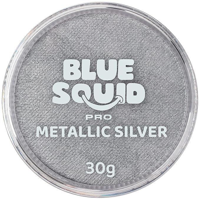 Blue Squid Face Paint Water Based Single Cake Professional Face Paint & Body Paint - Water Activated, Kids Adults Face Painting for Costume, Halloween Makeup, Cosplay - Metallic Silver Face Paint 30g
