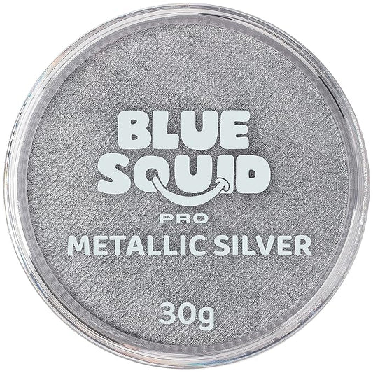 Blue Squid Face Paint Water Based Single Cake Professional Face Paint & Body Paint - Water Activated, Kids Adults Face Painting for Costume, Halloween Makeup, Cosplay - Metallic Silver Face Paint 30g