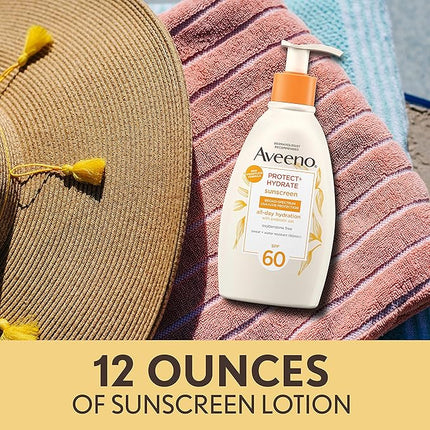 Aveeno Protect + Hydrate Sunscreen Moisturizing Lotion with Prebiotic Oat, Broad Spectrum SPF60, Paraben, & Oil Free, Weightless, Water & Sweat Resistant (80-min) for Sensitive Skin, 12 Fl Oz