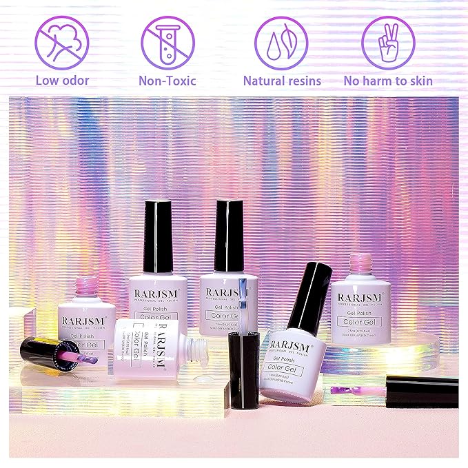 RARJSM Pearl White Gel Nail Polish Set Iridescent Mermaid Shell Glitter Gel Polish 6 Light Colors Purple Blue Pink Red Gold Shimmer Multichrome Swirl Thread Effect Soak Off Curing Requires