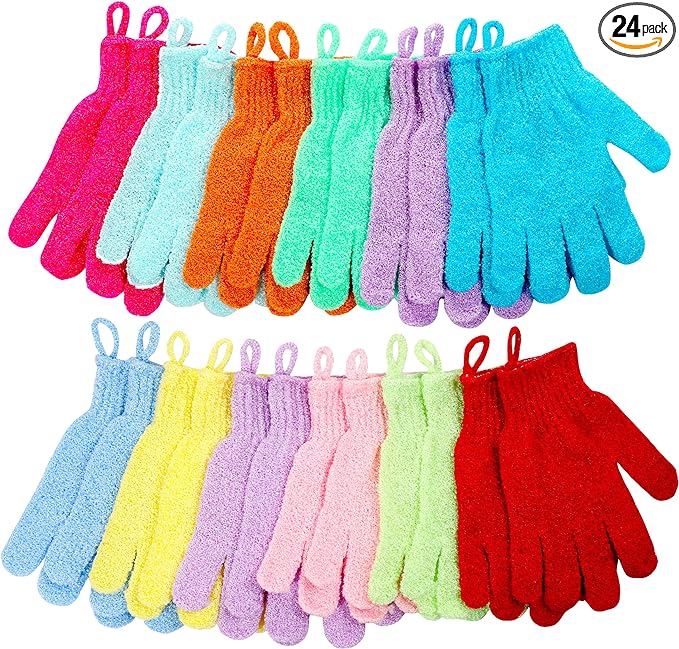 Shower Gloves,24 Pcs Exfoliating Bath Gloves,Body Scrub Gloves with Hanging Loop for Beauty Spa Massage Skin Shower Body Scrubber-12 Colors